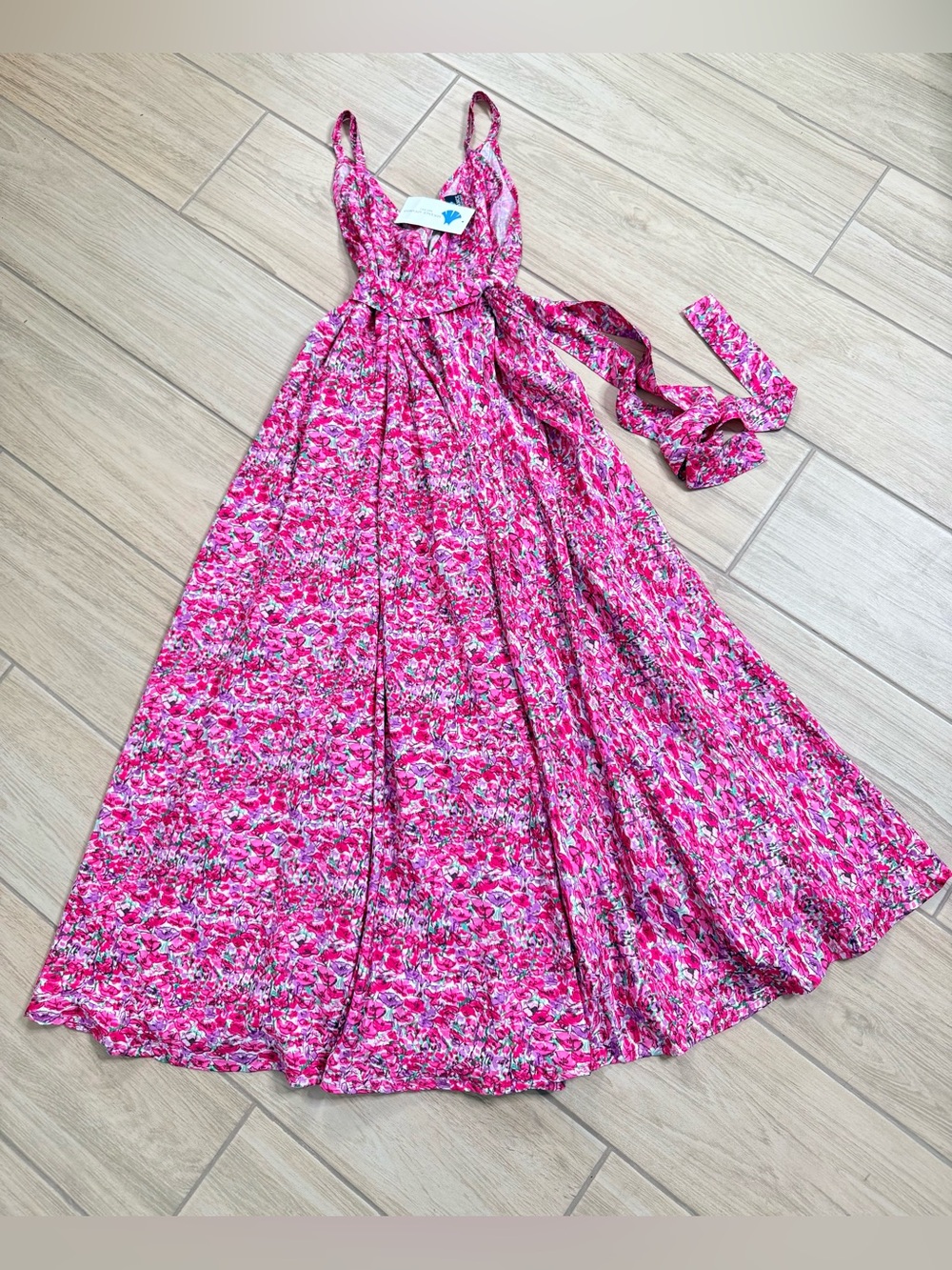 NWT Advance Apparels Pink Floral Silk Blend Maxi Dress S M Boho Resort Chic